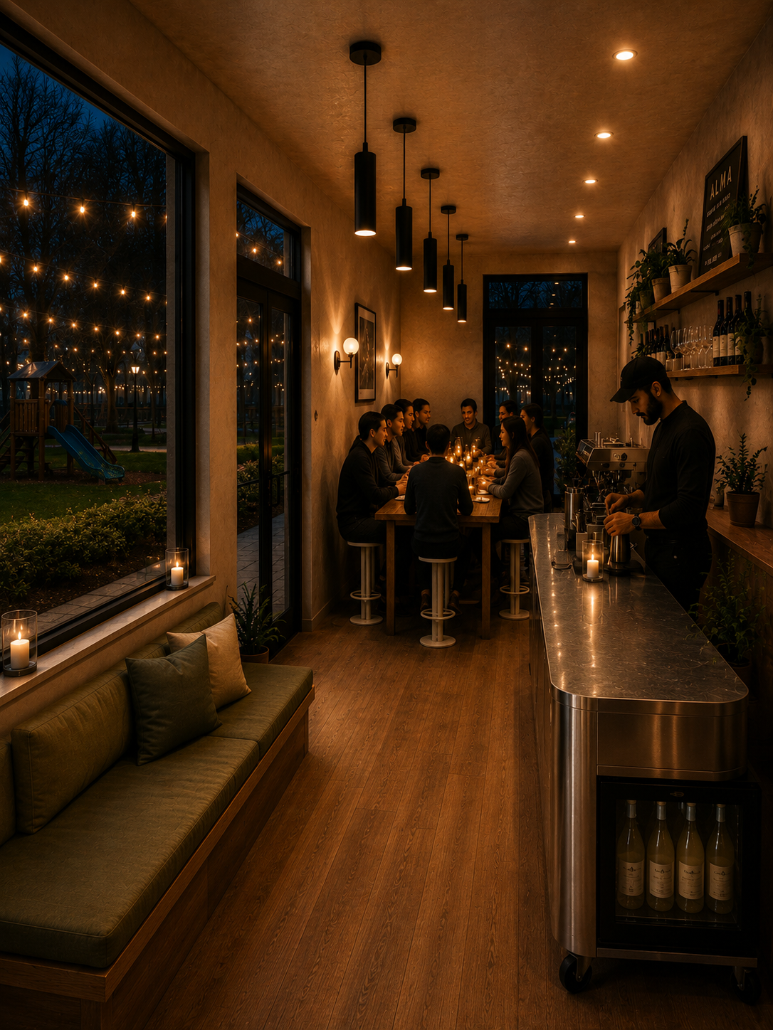 Evening dinner around the long communal table at ALMA